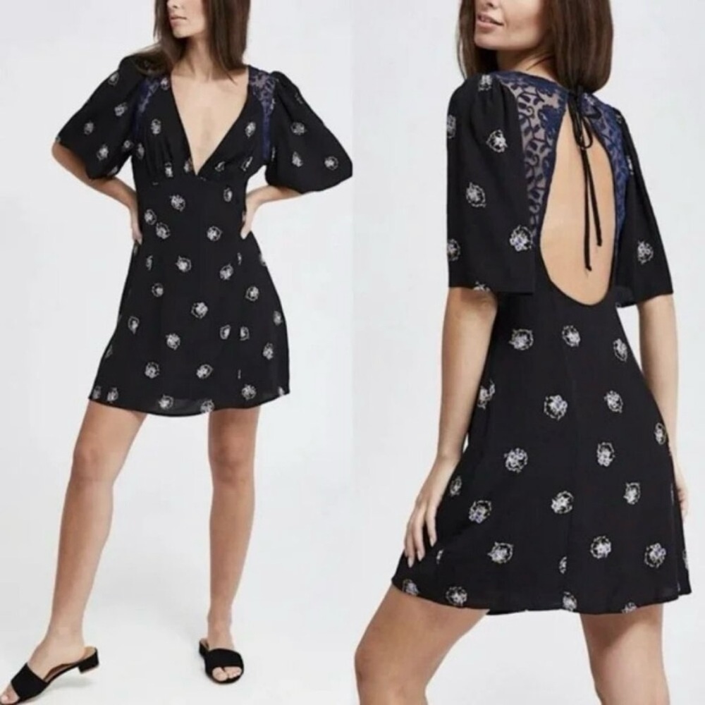 Free People 2 Black Lace Open Back Whimsigoth Dark Feminine Romantic Mini Dress
